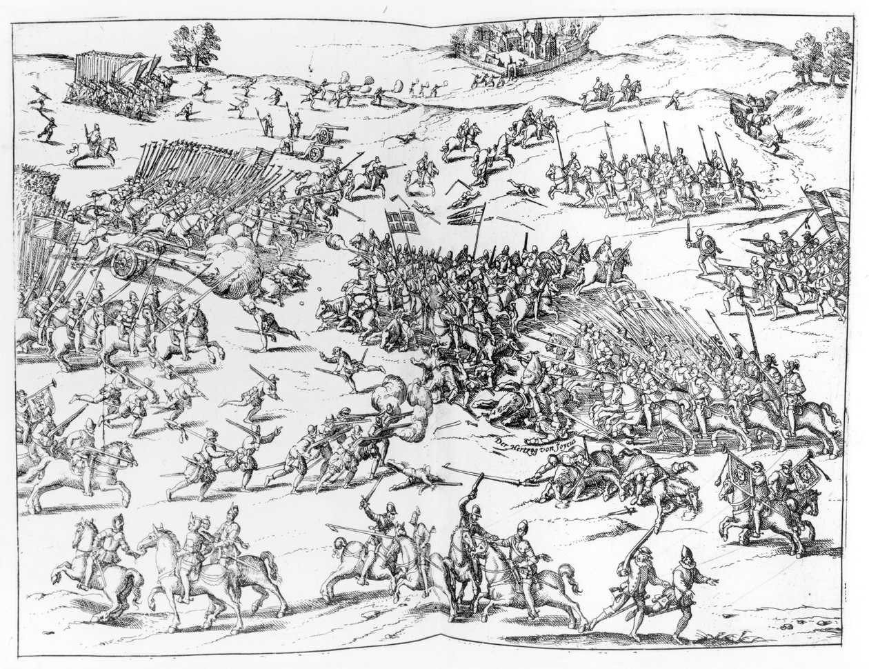 Die Schlacht von Courtrais zwischen den Franzosen und den Flamen im Jahr 1580 von German School