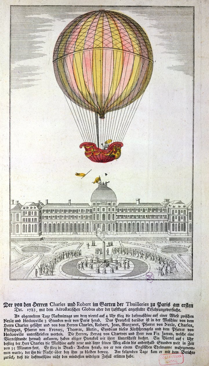 Der Flug von Jacques Charles (1746-1823) und Nicholas Robert (1761-1828) aus dem Jardin des Tuileries, 1. Dezember 1783 von German School