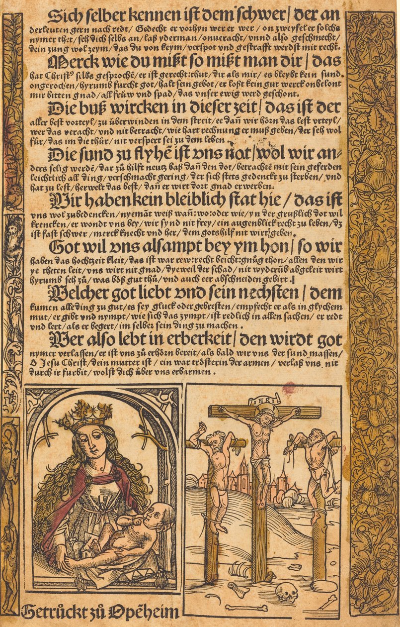 Flugblatt mit zwei Szenen aus dem Leben Christi und grotesken Rändern von German 15th Century
