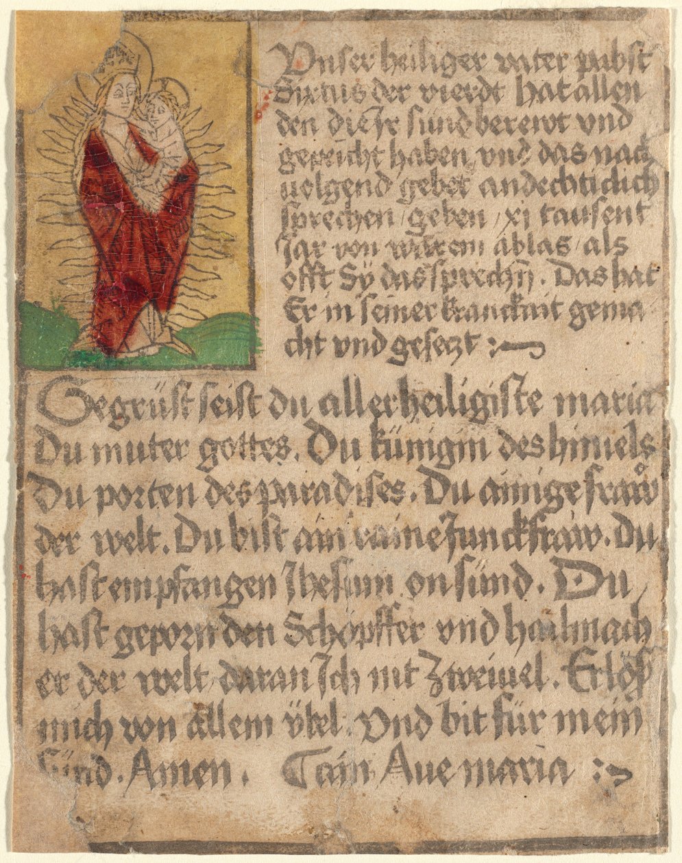 Madonna und Kind in einer Glorie mit einem Ablass und einem Gebet von German 15th Century