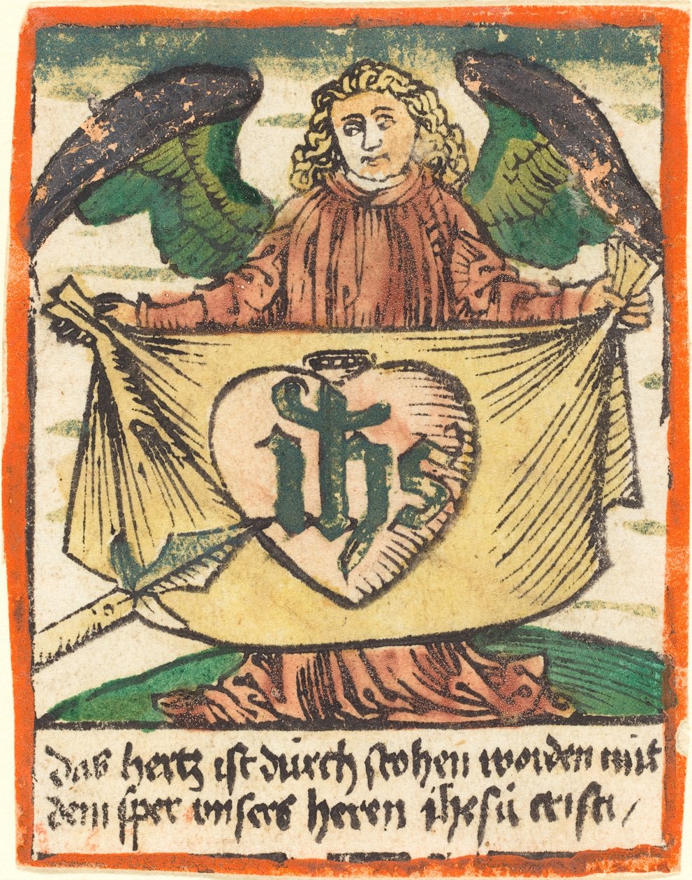 Heiliges Monogramm in einem Heiligen Herzen auf einem von einem Engel gehaltenen Tuch von German 15th Century