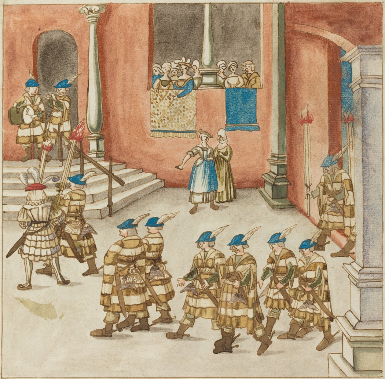 Ritterprozession, von Damen auf einem Balkon betrachtet von German 16th Century