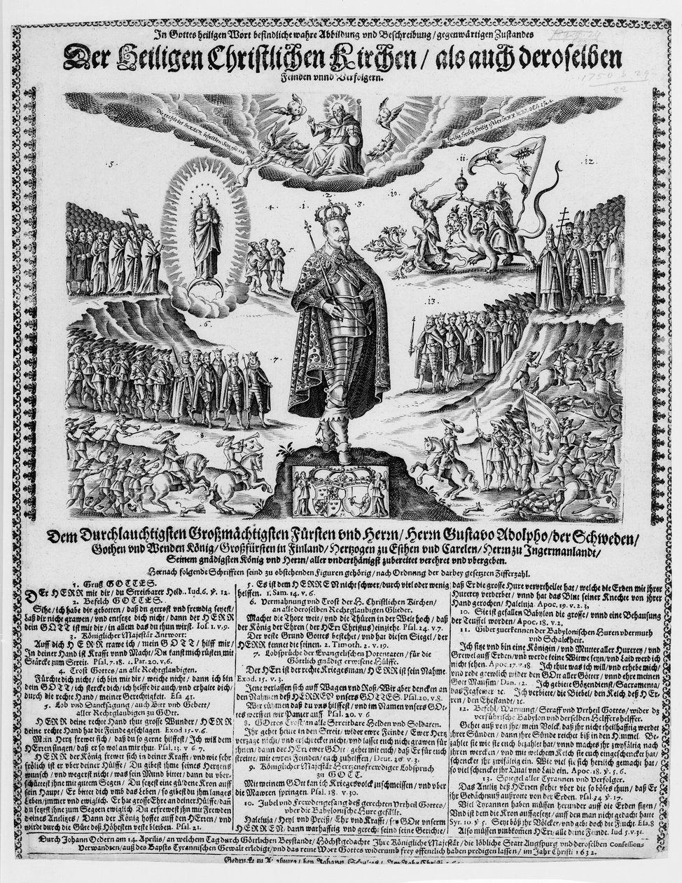 Ein deutsches Flugblatt, das Gustavus Adolphus als Champion der protestantischen Sache darstellt von German School