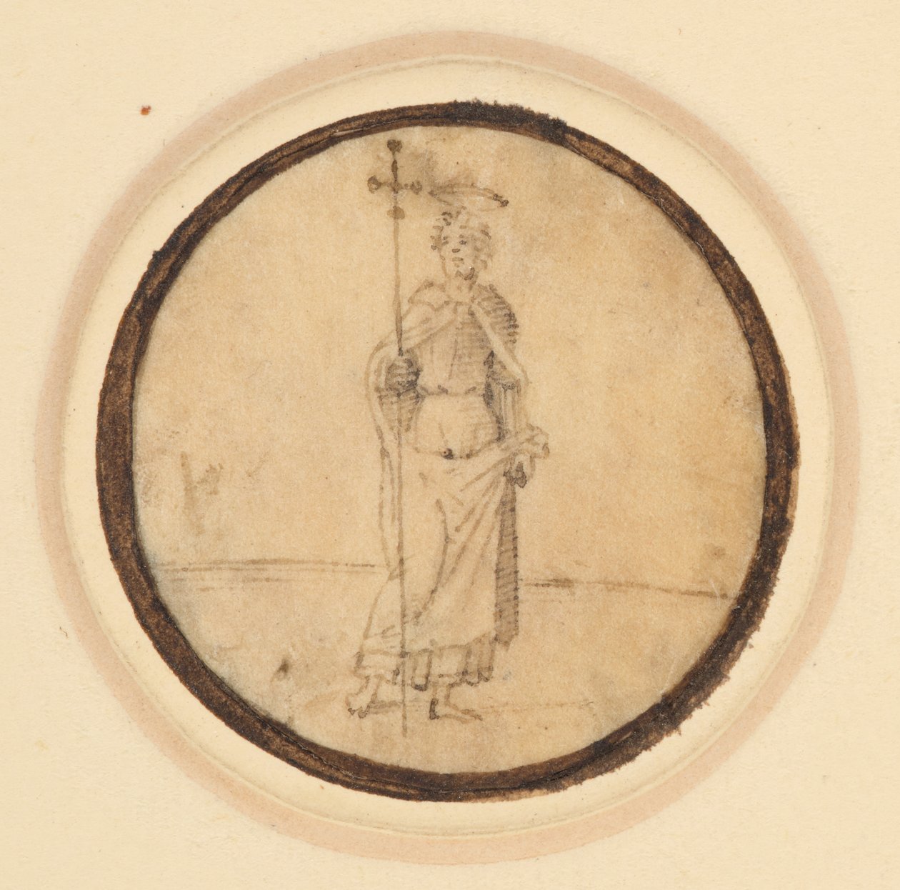 Ein Rundbild, das Christus mit einem langen, am Hals befestigten Umhang und einem Prozessionskreuz zeigt von German School