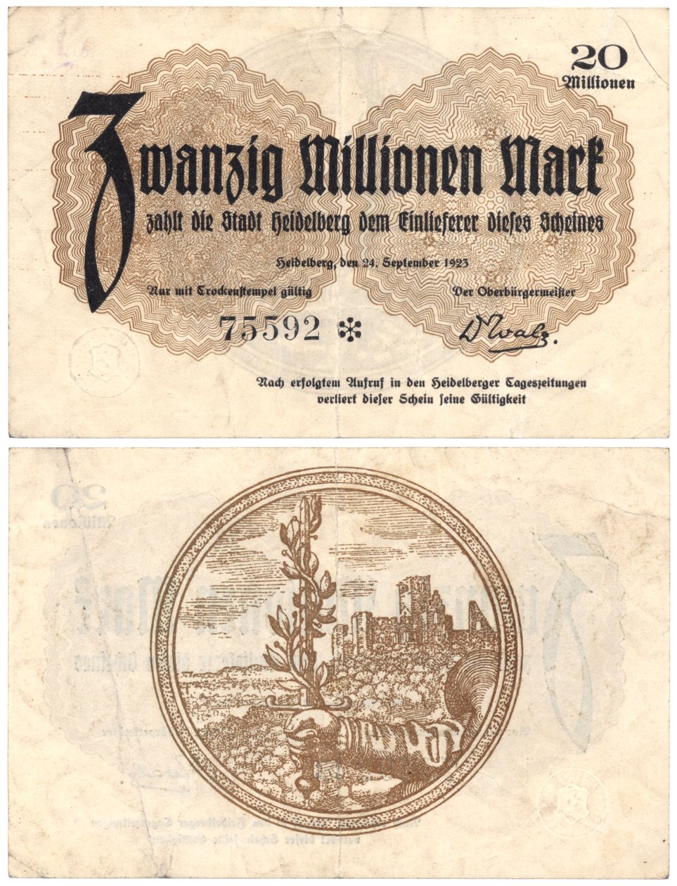 Eine Zwanzig-Millionen-Mark-Banknote, 1923 (Vorder- und Rückseite) von German School