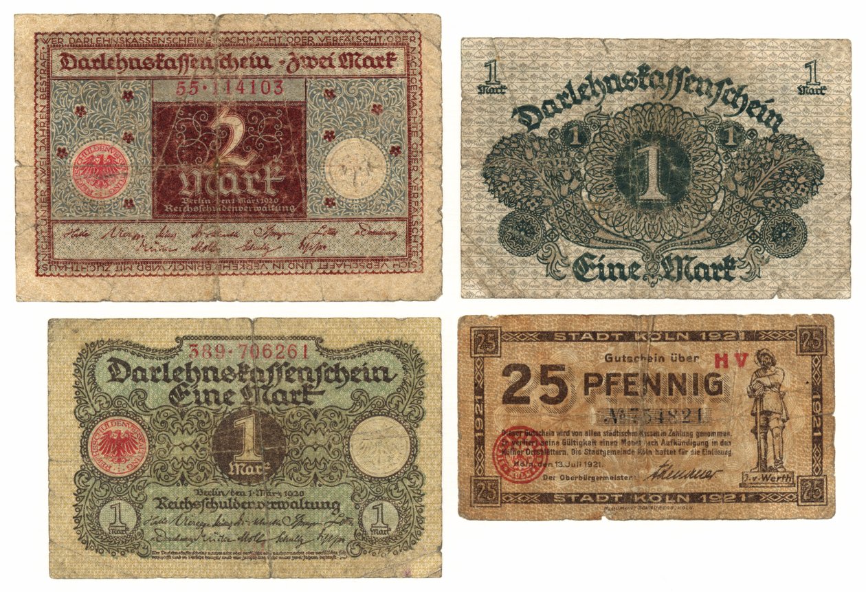 Eine Zwei-Mark-Banknote, zwei Ein-Mark-Banknoten und eine Fünfundzwanzig-Pfennig-Banknote, 1920-21 von German School