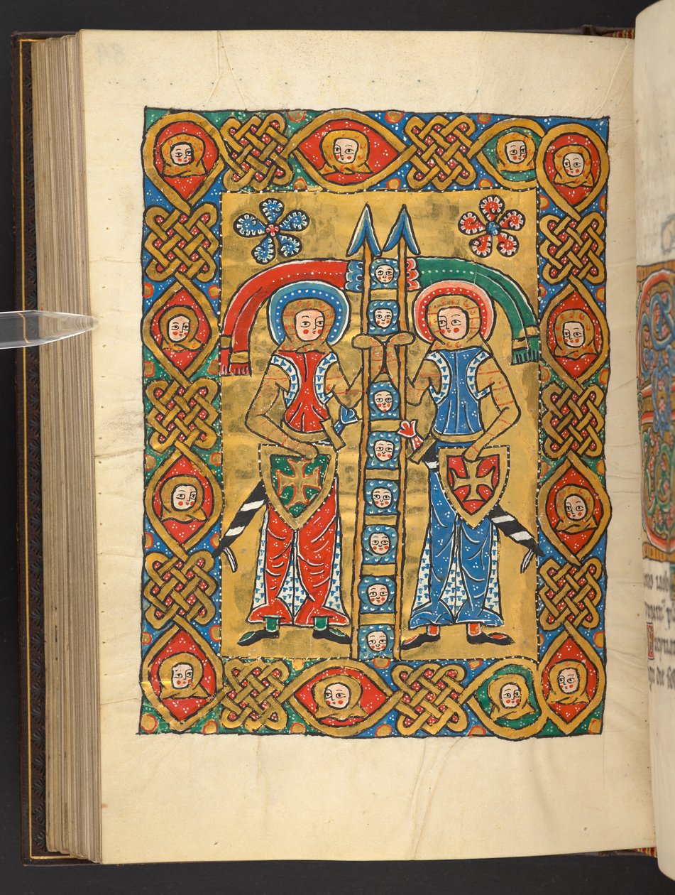 Add. 60629, f.84v Zwei Militärheilige, mit den Köpfen anderer von German School
