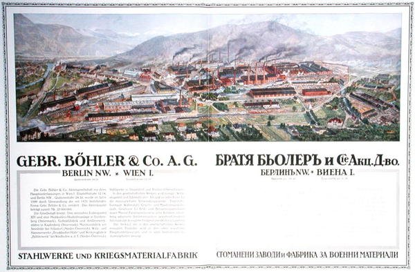 Werbung für die Stahlwerke & Waffenfabrik der österreichischen Firma Gebr. Böhler & Co, aus einem bulgarischen Almanach, ca. 1916 von German School