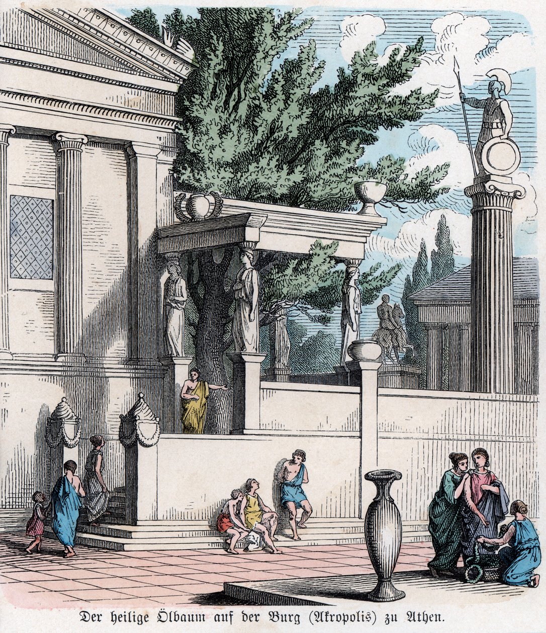 Alte Geschichte. Griechenland. Der heilige Olivenbaum auf der Akropolis (Gravur) von German School