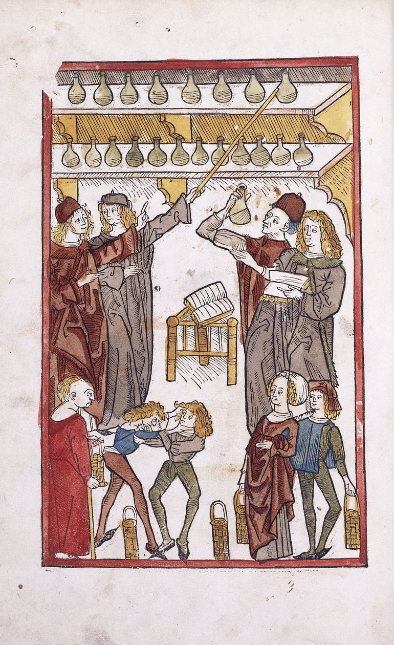 Apotheker und Tränke, mit zwei kämpfenden Jungen im Vordergrund, 1491 von German School