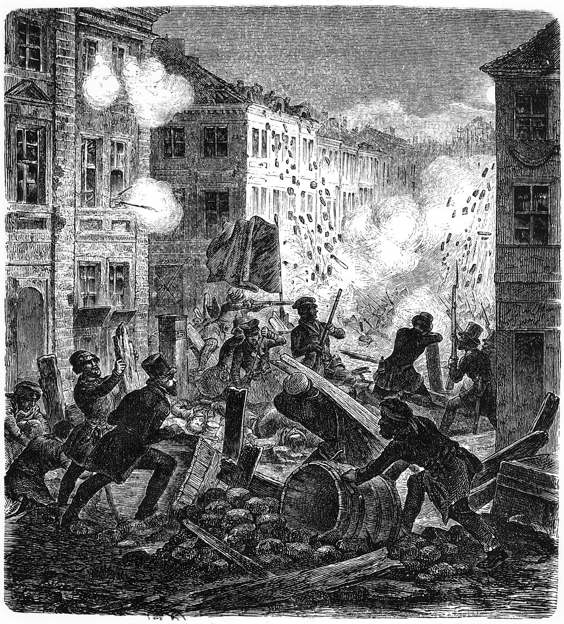 Barrikaden in Berlin während der Deutschen Revolution 1848 von German School