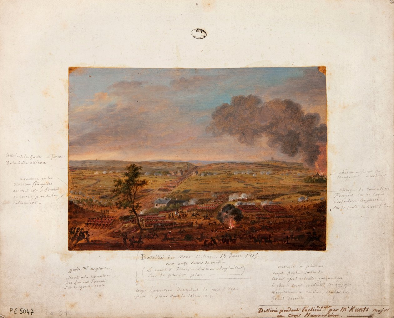 Schlacht von Mont-Saint-Jean, gezeichnet und gemalt während der Aktion von Major Kunts der hannoverschen Einheit, 18. Juni 1815 von German School