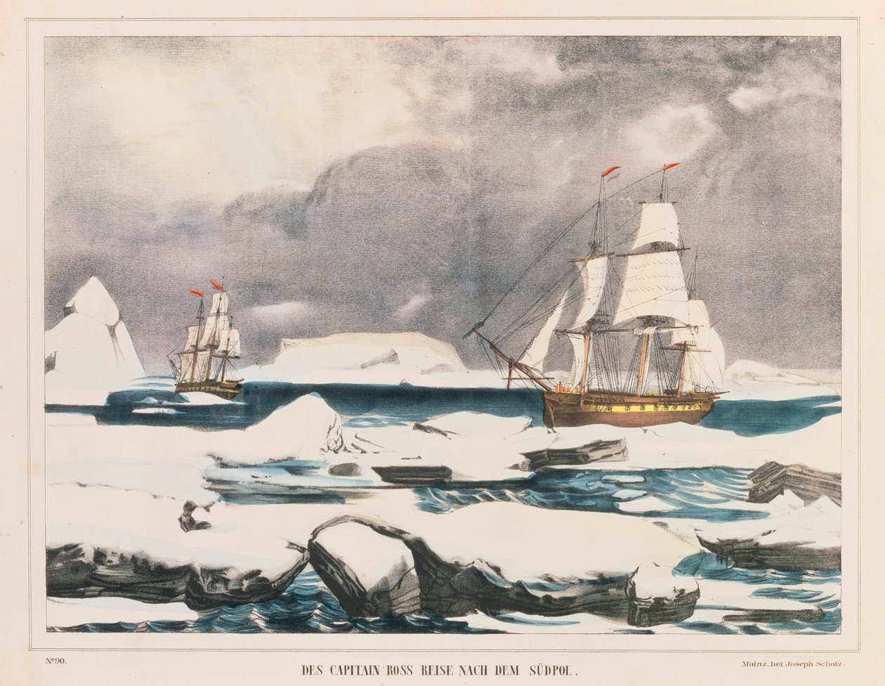 Britischer Polarforscher Captain Ross Expedition in die Antarktis, veröffentlicht von J. Scholz, Mainz, zwischen 1839-42 von German School