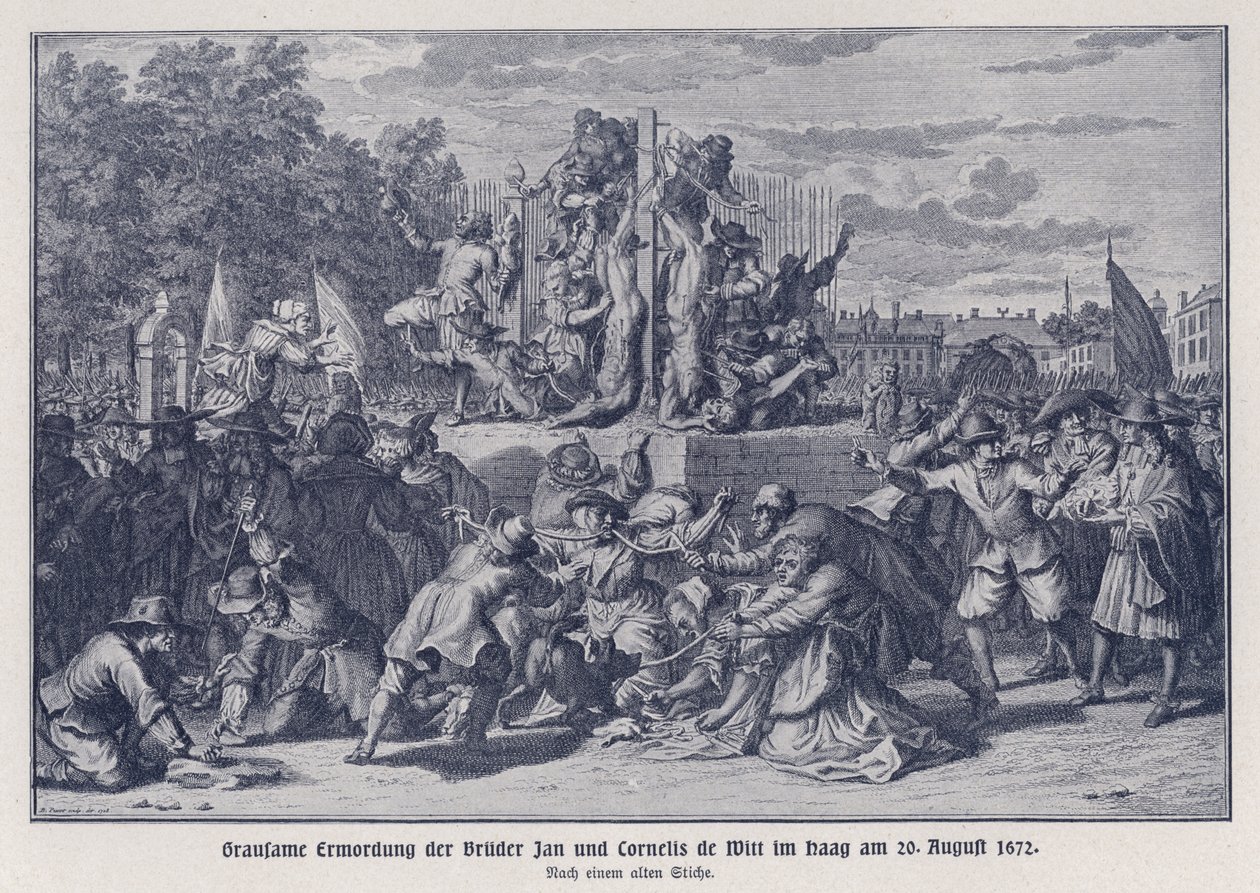 Brutaler Mord an den Brüdern Jan und Cornelis de Witt durch einen orangistischen Mob, Den Haag, Niederlande, 20. August 1672 von German School
