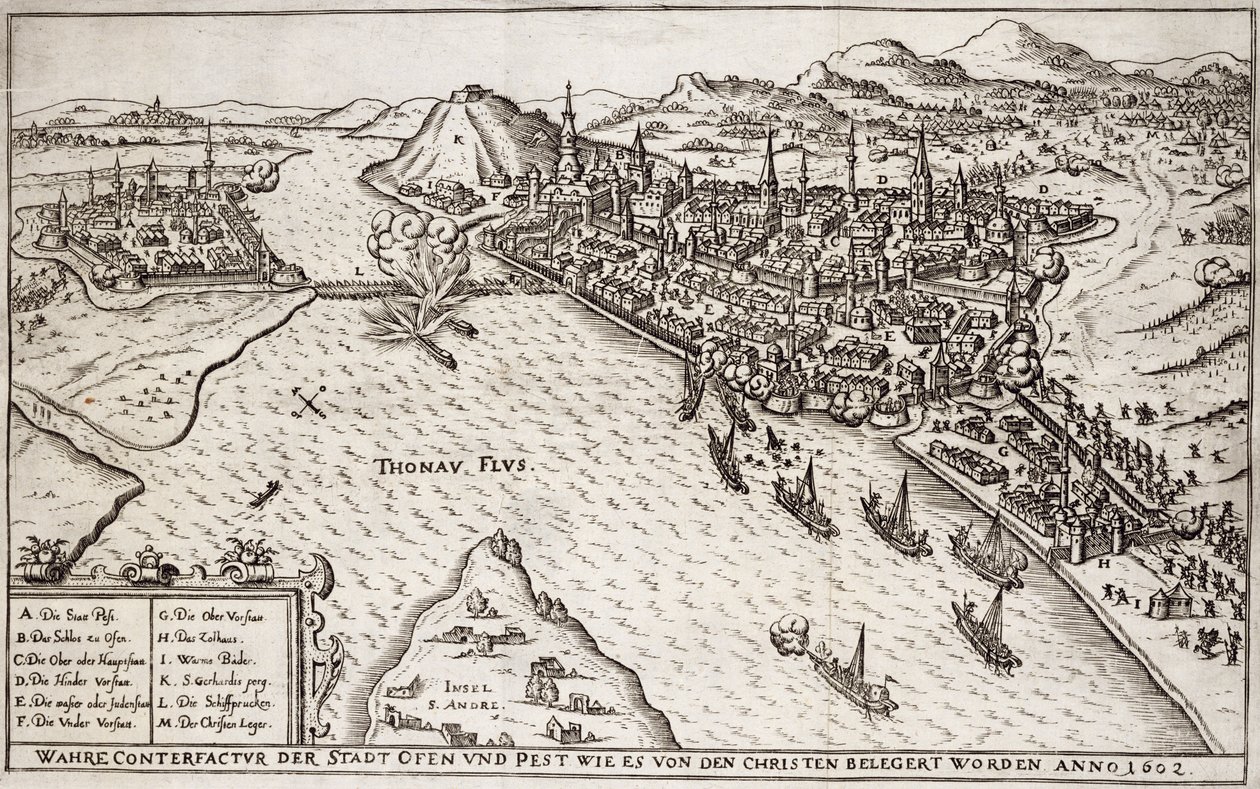 Buda und Pest von den Christen belagert im Jahr 1602, Illustration aus einem Buch über die osmanischen Feldzüge in Europa, graviert von Paul Furst (ca.1605-66) von German School