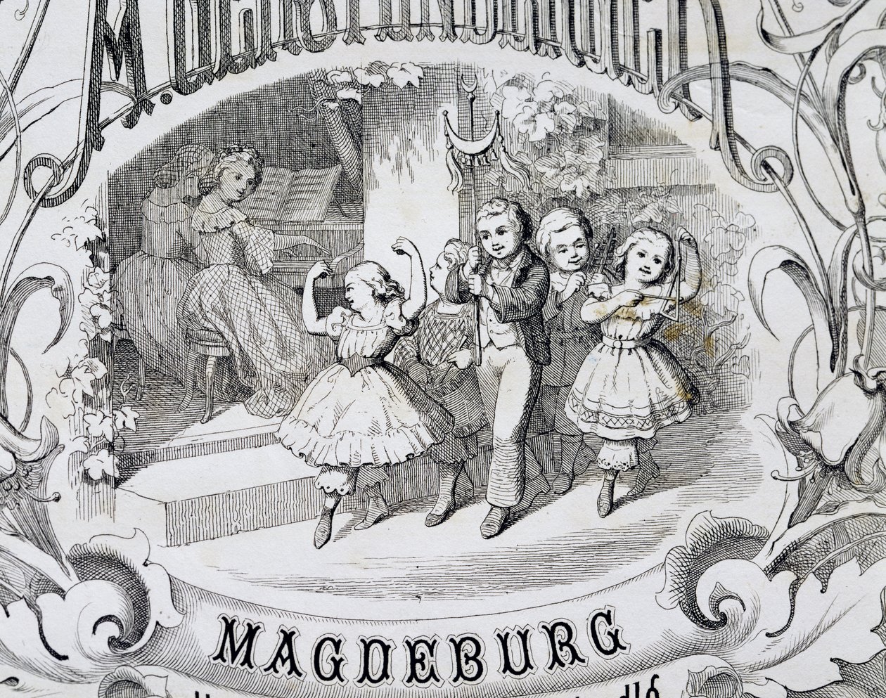 Kindertanzszene, Detail der Titelseite einer Sammlung von Musik und Tänzen für Kinder, veröffentlicht in Magdeburg, Deutschland von German School