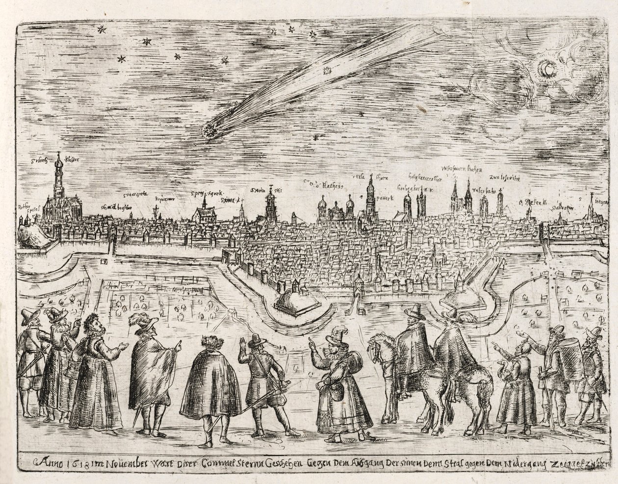 Komet über Augsburg Ende November 1618, veröffentlicht 1618 von German School