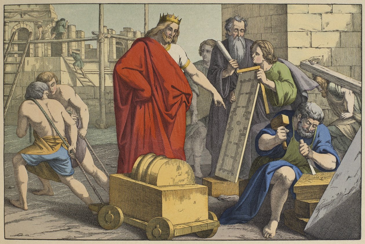 Bau des Tempels von Jerusalem, Illustration aus dem Alten Testament, veröffentlicht von Jakob Ferdinand Schreiber, Esslingen (Farbstich) von German School