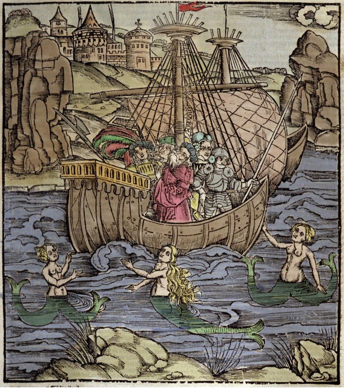 Eneide von Virgil (70 v. Chr.-19 v. Chr.), die trojanischen Helden Aeneas und seine Gefährten überqueren ein Meer voller Sirenen. Xylographie von Sebastian Brant (1458-1521). Straßburg von German School