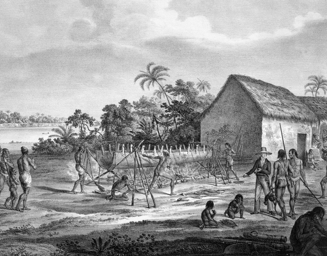 Europäer handeln am Flusshafen des Miranhas-Stammes, Amiro Japara, Illustration aus dem Atlas einer Reise in Brasilien von German School