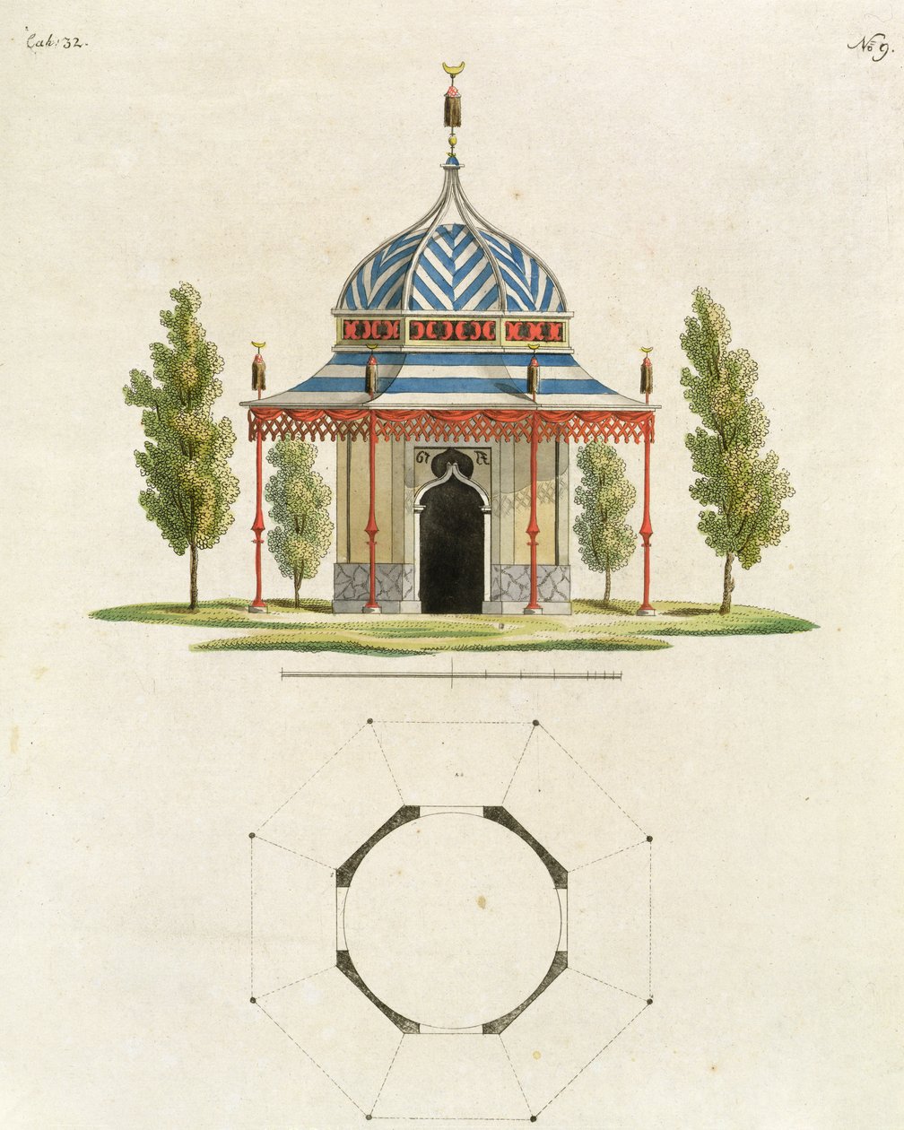 Außenansicht eines chinesischen Gartentempels, aus Recent New Ideas for the Garden, veröffentlicht 1779 von German School