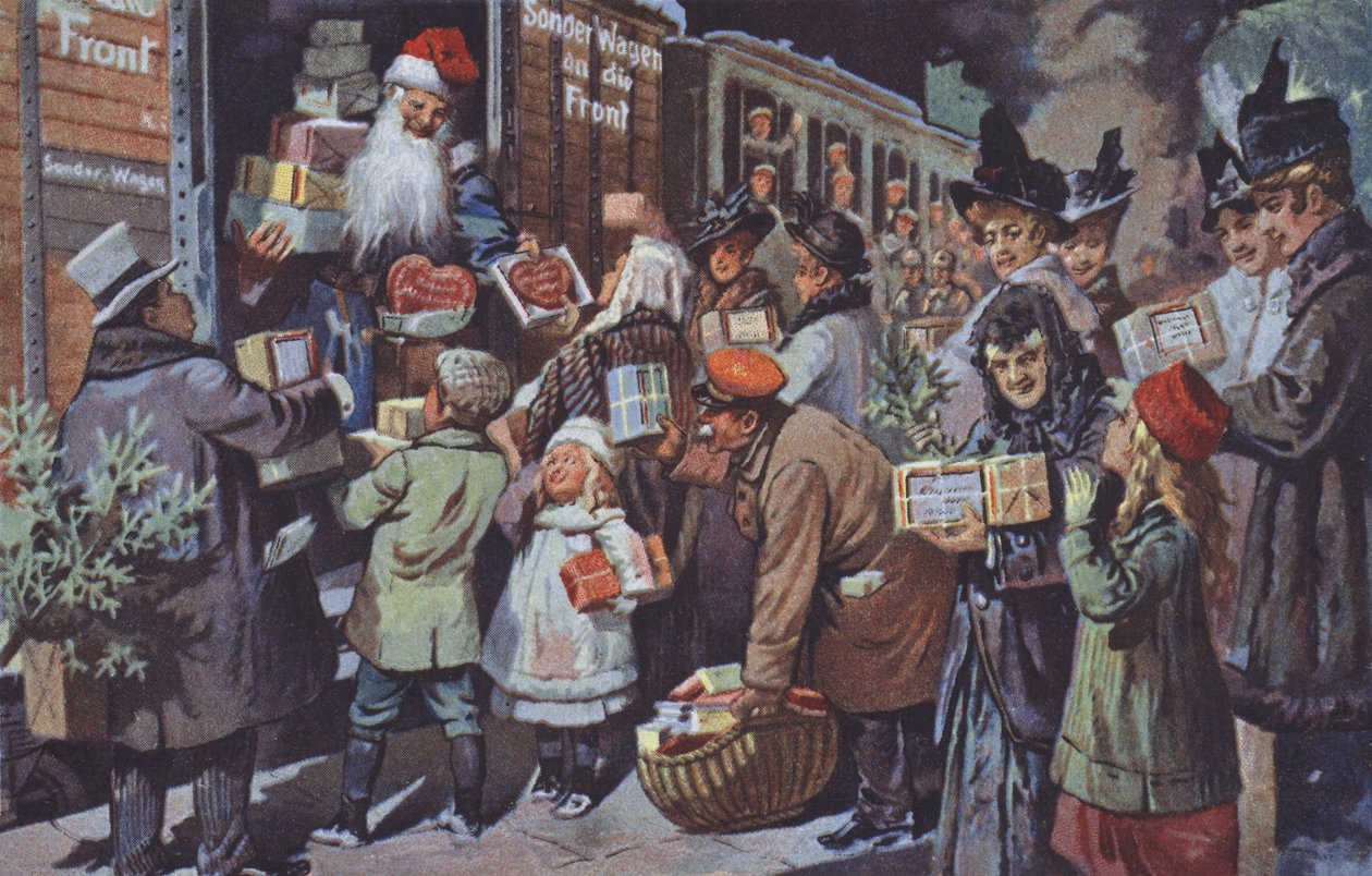 Weihnachtsmann lädt Pakete mit Geschenken auf einen Zug für deutsche Truppen an der Front, Erster Weltkrieg von German School
