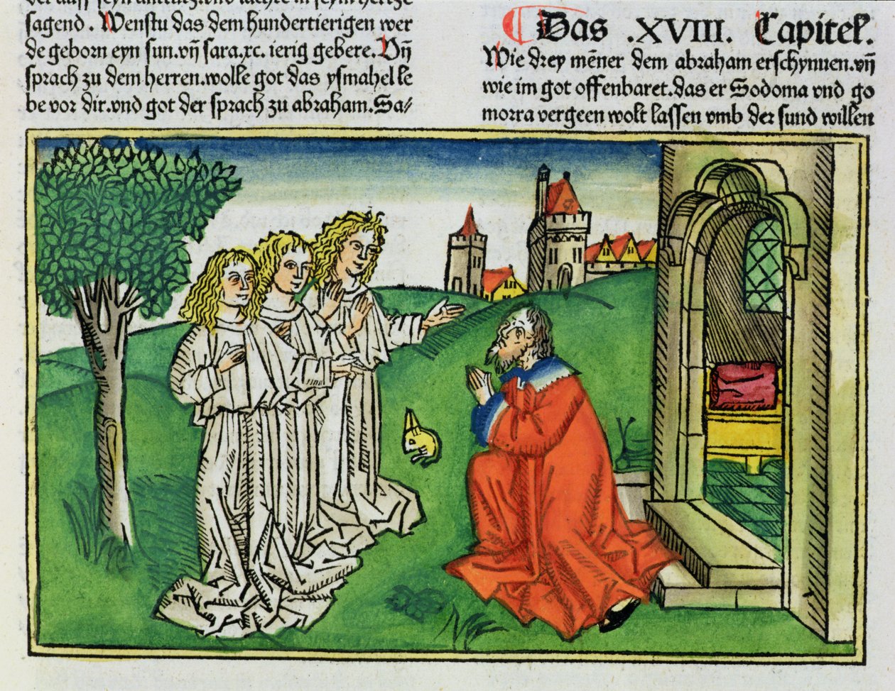 Genesis 18:2 Abraham und die drei Engel, aus der Nürnberger Bibel (Biblia Sacra Germanaica) von German School