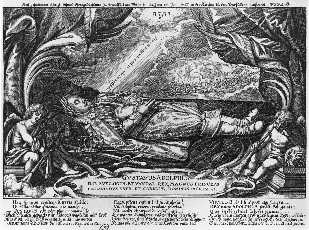 Gustav II. Adolf (1594-1632), König von Schweden, auf seinem Sterbebett, 1633 von German School