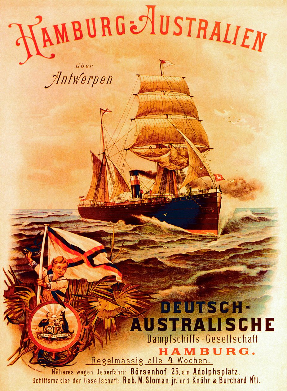 Hamburg - Australien, Plakat zur Werbung für die Deutsch-Australische Dampfschifffahrtsgesellschaft, 1889 von German School