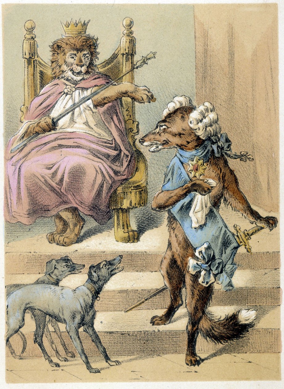 Illustration von Franz Hoffmanns Erzählungen „Märchen und Fabeln - Der Fuchs“: Ein Fuchs spricht vor dem Löwenkönig. Chromolithographie des 19. Jahrhunderts von German School