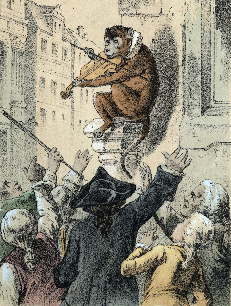 Illustration von Franz Hoffmanns Märchen „Märchen und Fabeln - Der Affe und die Geige“: Ein Affe spielt Geige vor einer Menschenmenge. Chromolithographie des 19. Jahrhunderts. von German School