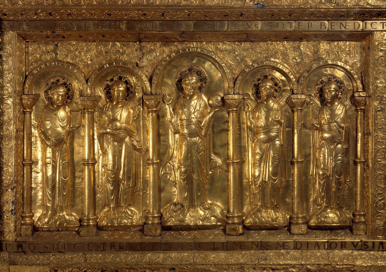 Vor dem Altar der Kathedrale von Basel. Um den sitzenden Christus, die drei Erzengel (Michael, Gabriel und Raphael) und der heilige Benedikt von Nursia, und zu seinen Füßen, der Kaiser Heinrich II., genannt der Heilige (973-1024) und die Kaiserin Kunigunde von German School