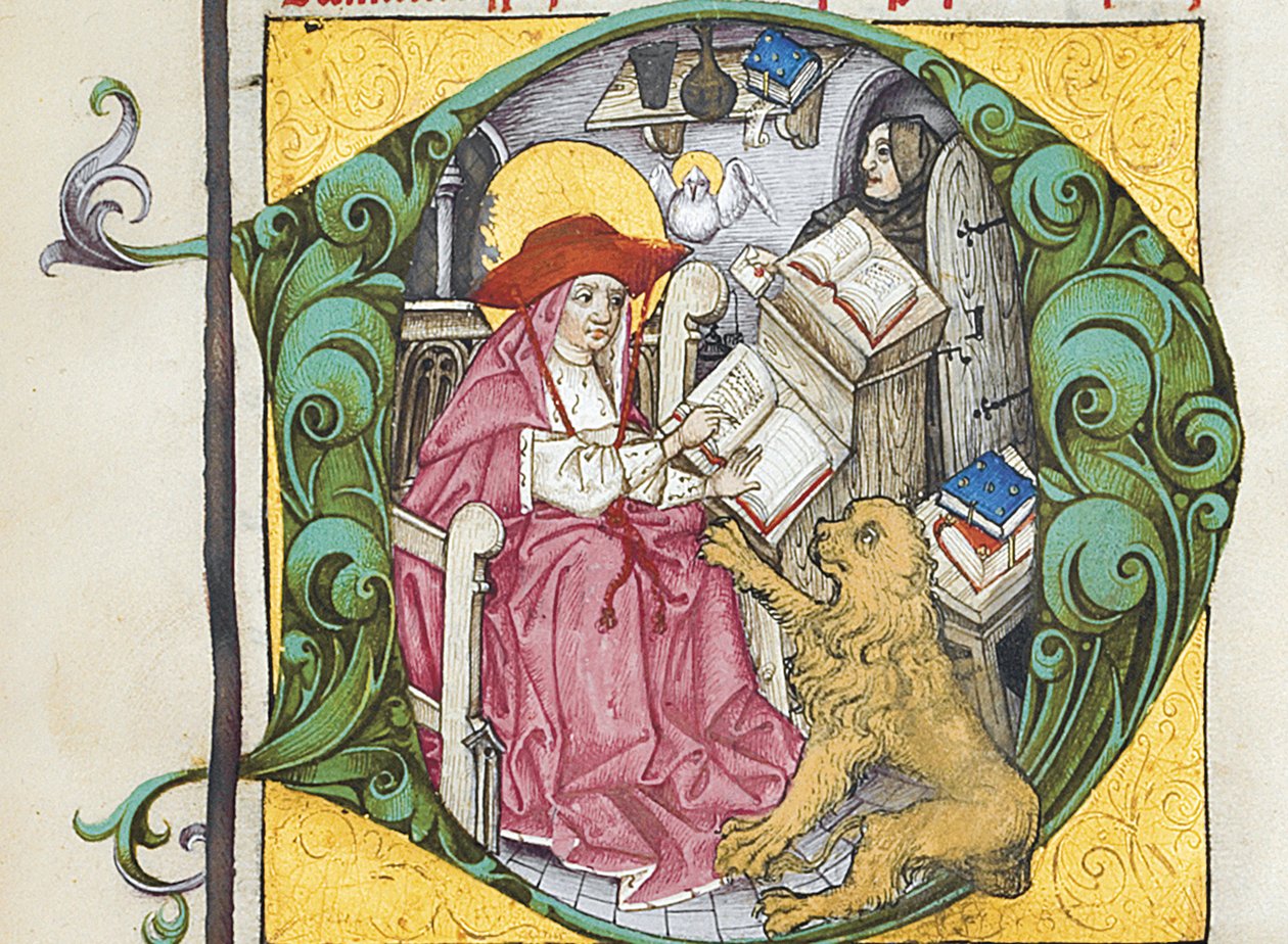 Initiale D aus Epistolae Hieronymus, Briefe und Traktate des Heiligen Hieronymus, herausgegeben von Adrianus Brielis von German School