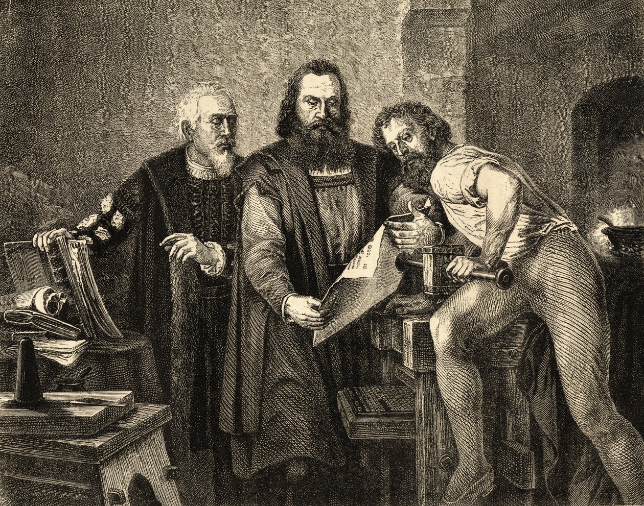 Johann Faust (ca. 1400-66) Johannes Gutenberg (1400-68) und Peter Schoeffer (ca. 1425-1503) von German School
