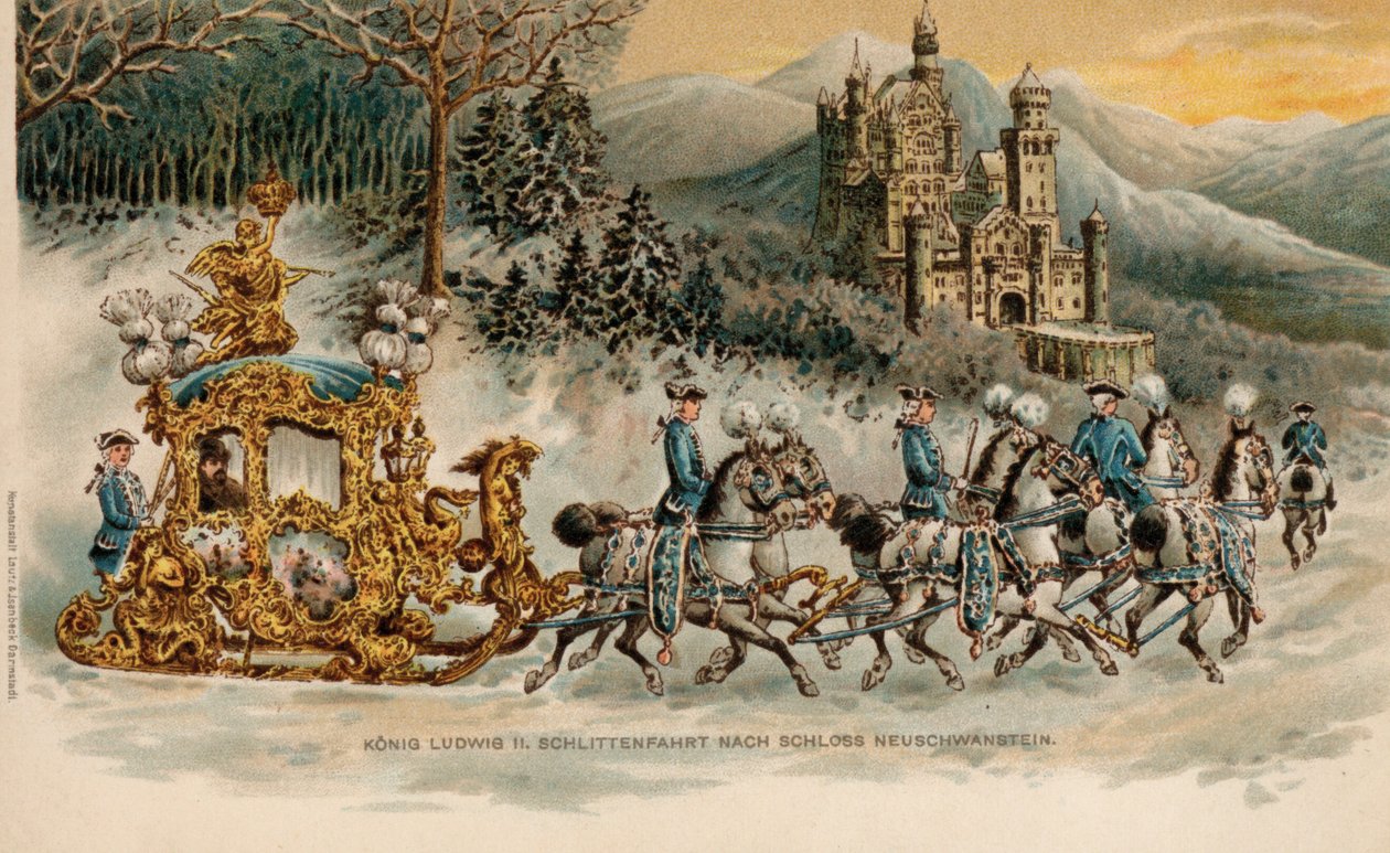 König Ludwig II. von Bayern reist in einem goldenen Schlitten zum Schloss Neuschwanstein von German School