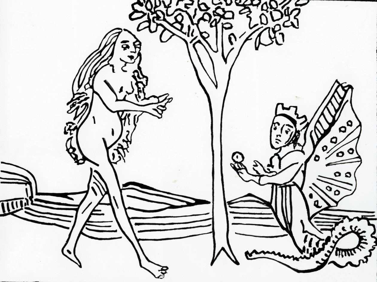 Lilith, geflügelt und gekrönt, mit Schlangenschwanz, bietet Eva den Apfel an, aus 