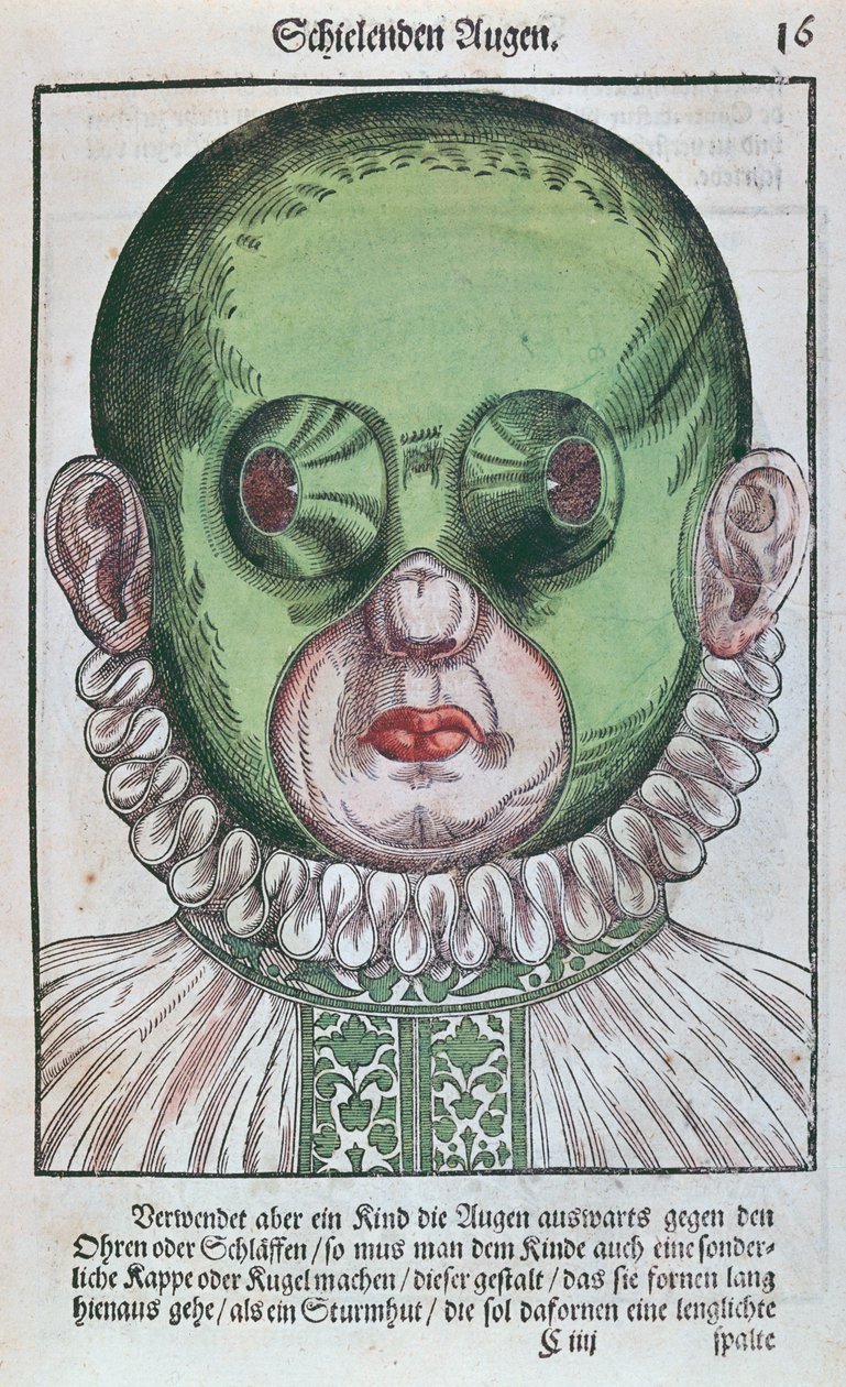 Maske zur Behandlung eines Strabismus, aus Ophthalmodouleia von Georg Bartisch (1535-1636) veröffentlicht in Dresden 1583 (Farbholzschnitt) von German School