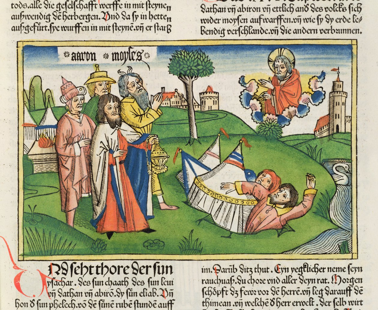 Numeri 16:32 Die Erde verschlingt die Rebellen Dathan und Abiram, aus der Nürnberger Bibel (Biblia Sacra Germanaica) von German School