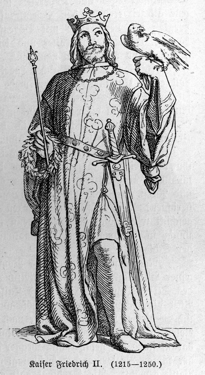 Porträt von Friedrich II. von Hohenstaufen (1194-1250), König des Heiligen Römischen Reiches. Gravur in „Kaiser, König und Papst“ von Richard Roth von German School