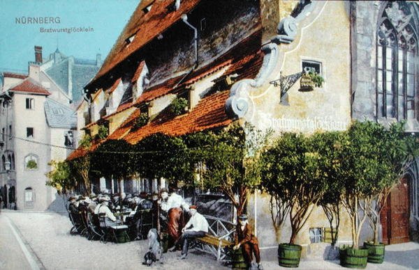Postkarte, die das Restaurant Bratwurstglöcklein in Nürnberg zeigt, vor 1914 von German School