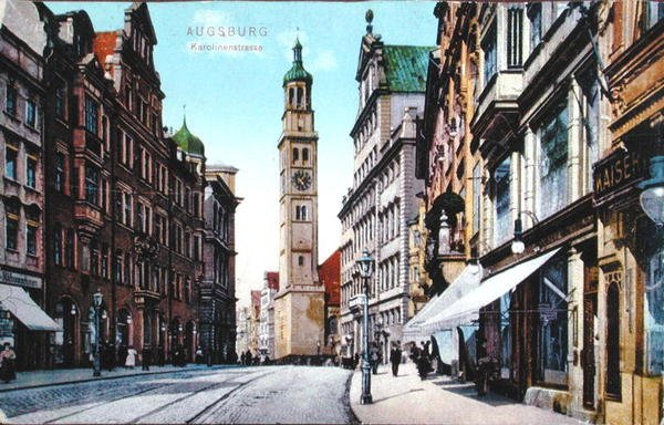 Postkarte, die die Karolinenstraße in Augsburg darstellt, ca. 1910 von German School