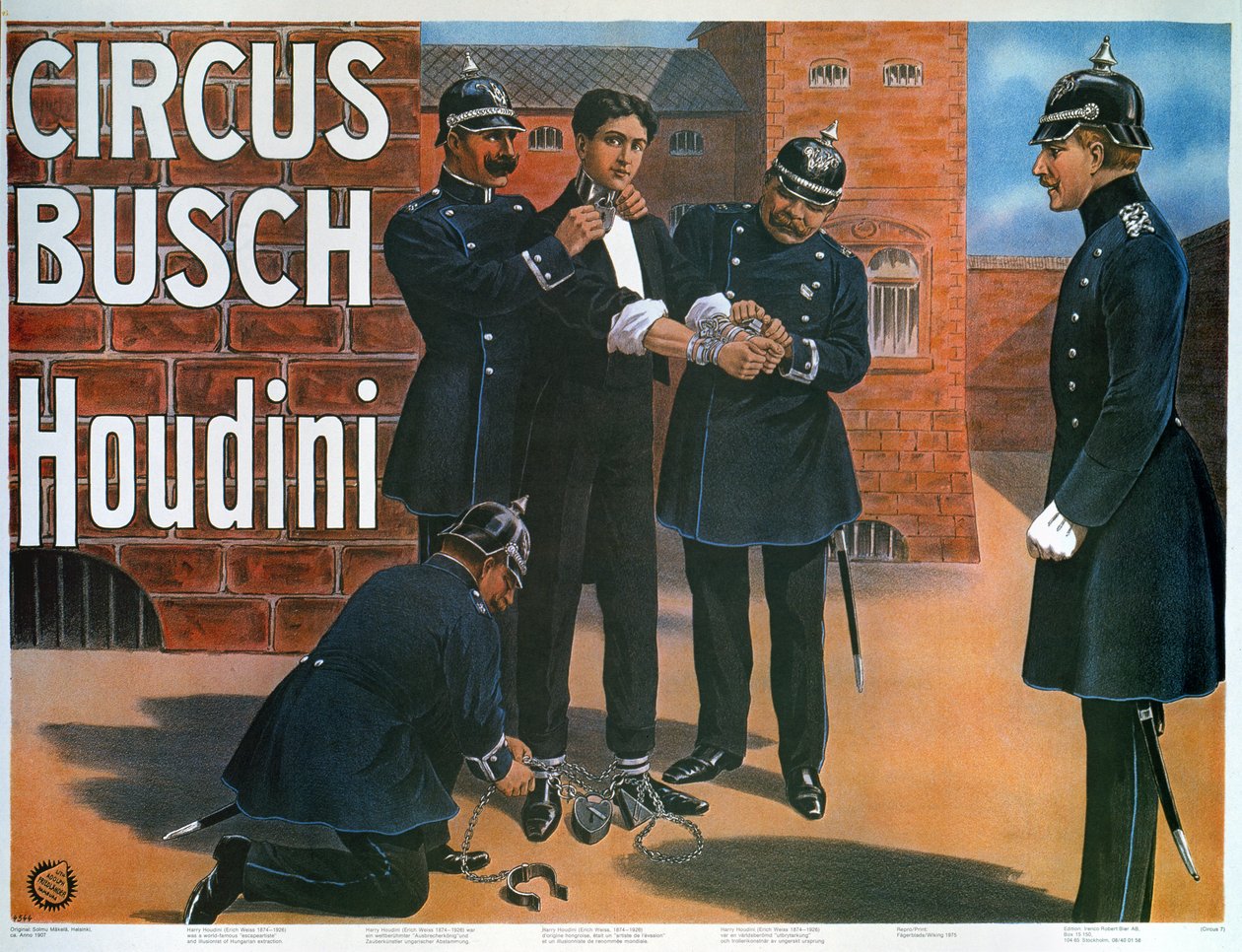 Reproduktion eines Plakats von 1907, das Houdini vor einem Ausbruch aus einem deutschen Gefängnis zeigt von German School