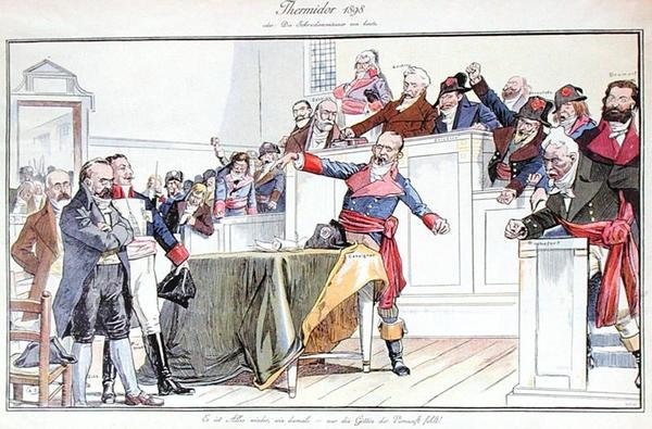 Satirische Karikatur, die die Dreyfus-Affäre als revolutionären Prozess darstellt von German School