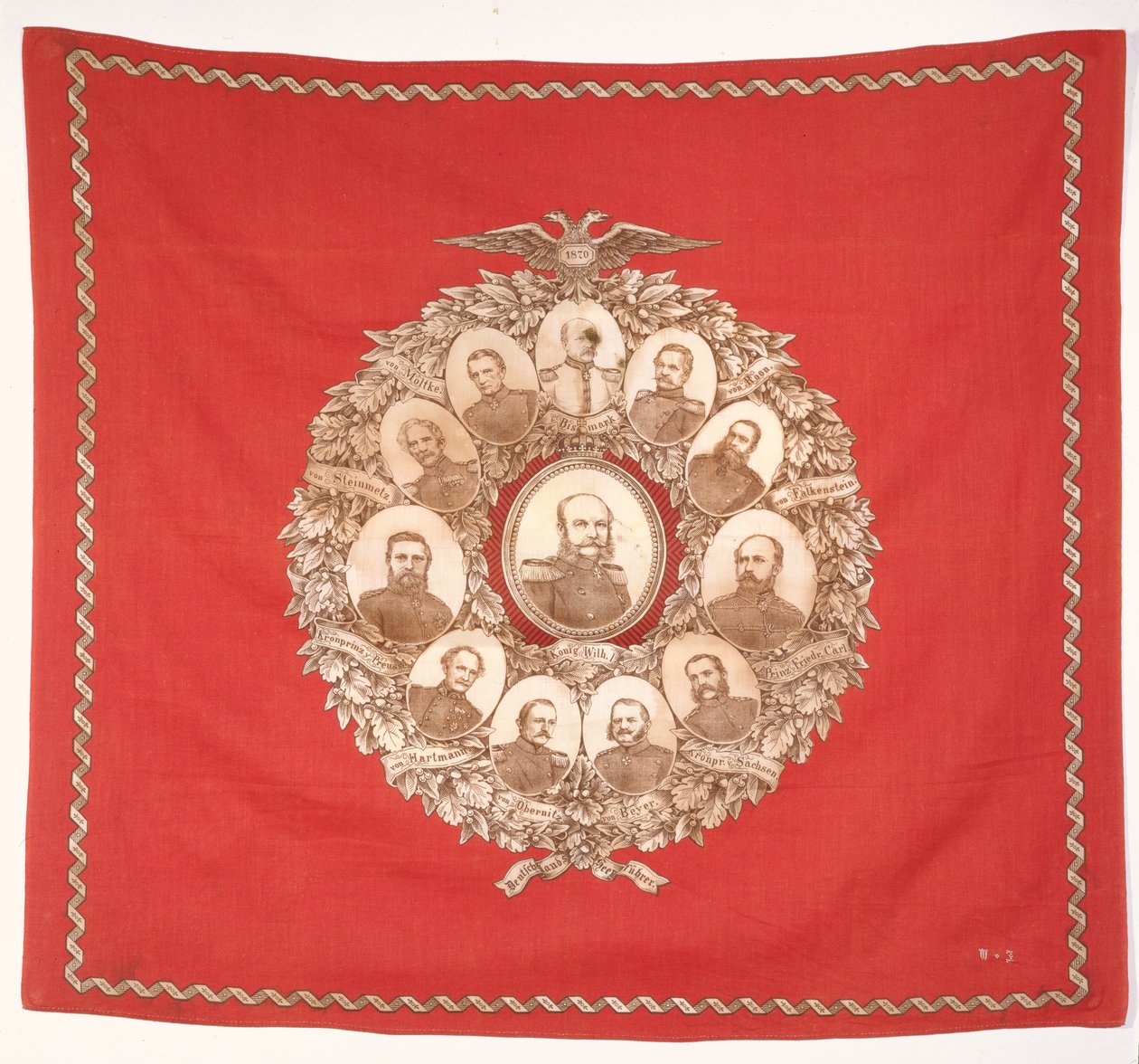 Schal mit Darstellung des deutschen Kaisers Wilhelm I. (1797-1888) umgeben von Bismarck und siegreichen Marschällen zur Feier des Deutsch-Französischen Krieges, 1870 von German School