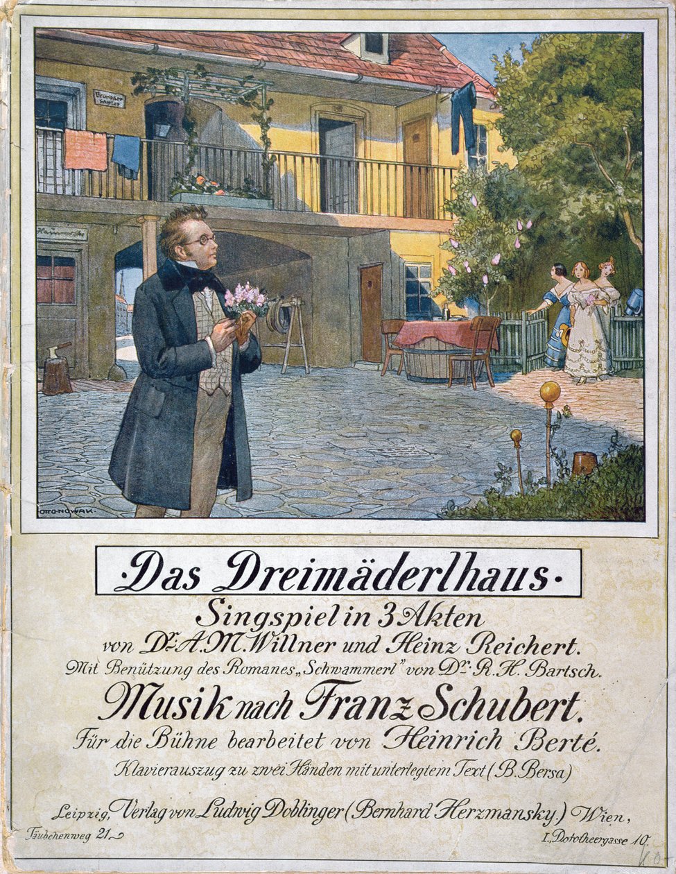 Partiturdeckblatt von Das Dreimäderlhaus, das Schubert vor dem Haus zeigt, 1916 von German School