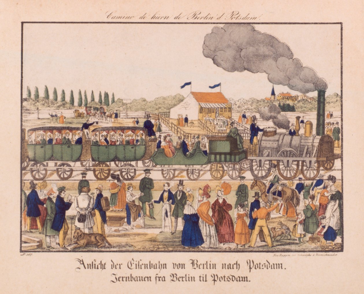 Dampfeisenbahn zwischen Berlin und Potsdam, Neuruppiner Bilderbogen, um 1840 von German School