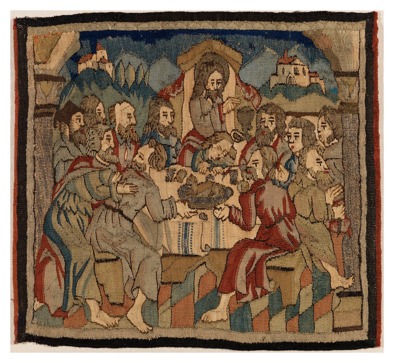 Wandteppichpanel mit Szenen aus der Passion von einem Antependium, aus dem Oberrheingebiet von German School