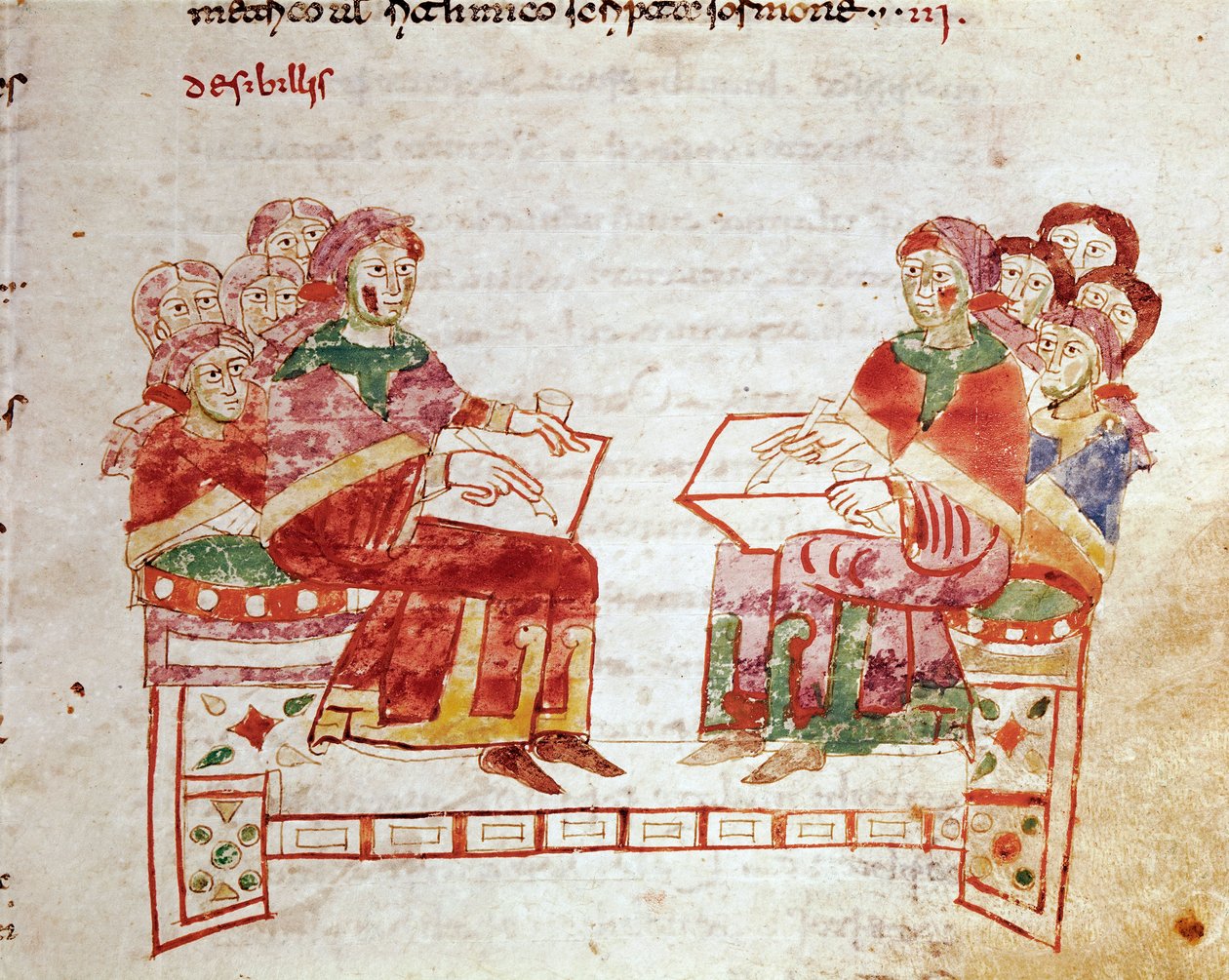 Lehrszene in einer Miniaturschule aus dem Band „de Gymnasium“ in „De Universo“ (oder De rerum naturis (Von der Natur der Dinge)) (cod. 132) von Rabanus Maurus Magnentius (oder Raban Maur oder Rabano Mauro) (ca. 780-856) von German School