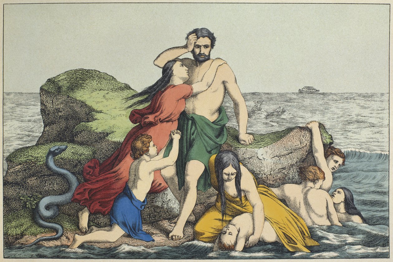 Die Sintflut, Illustration aus dem Alten Testament, veröffentlicht von Jakob Ferdinand Schreiber, Esslingen (Farbstich) von German School