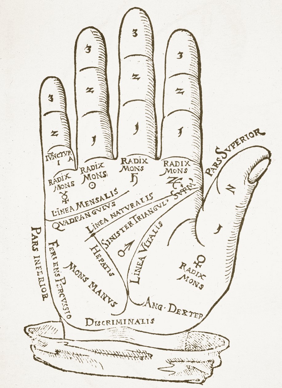Die rechte Hand, Kopie einer Illustration aus Cerasariensis von Tricassus, Nürnberg 1560, verwendet in einer Geschichte der Magie, veröffentlicht Ende des 19. Jahrhunderts von German School